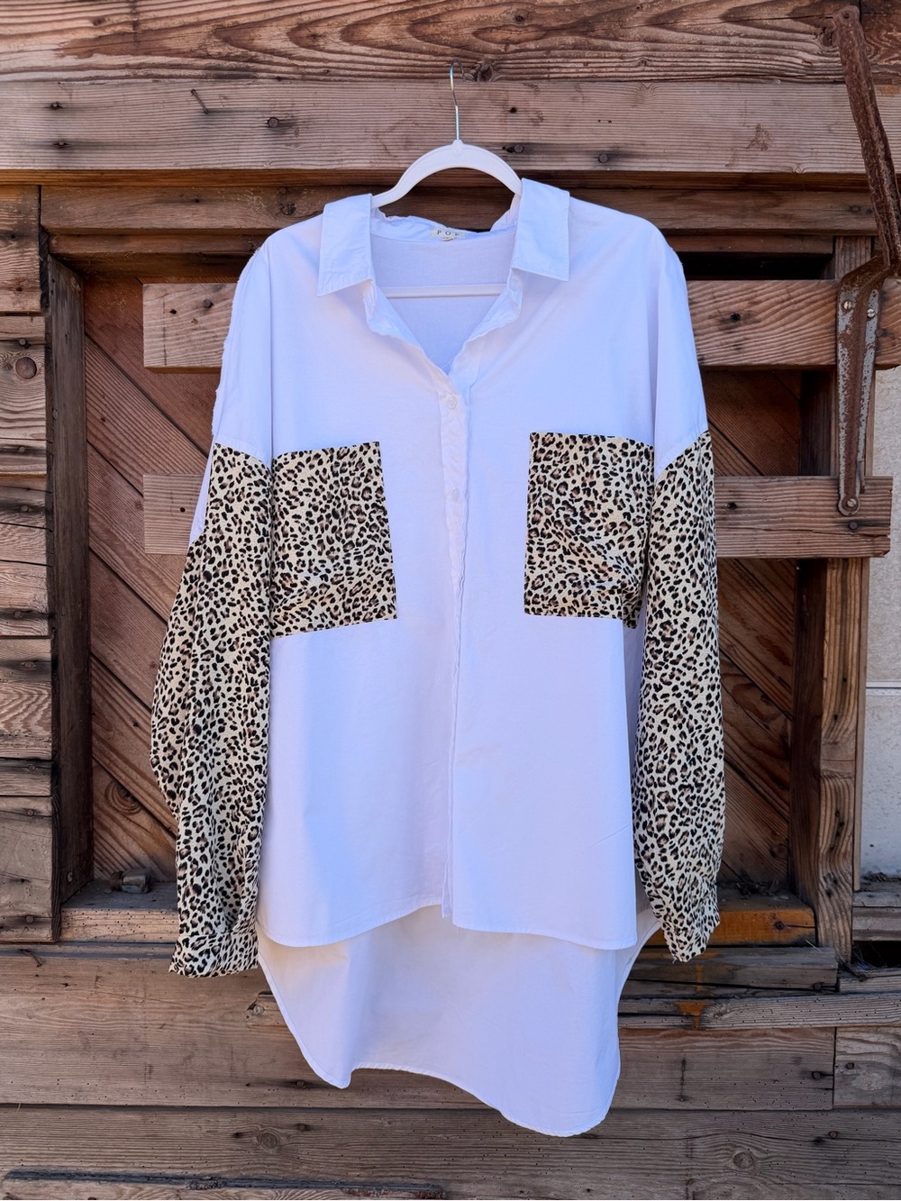 POL White Button-Down Shirt with Leopard Print Panels